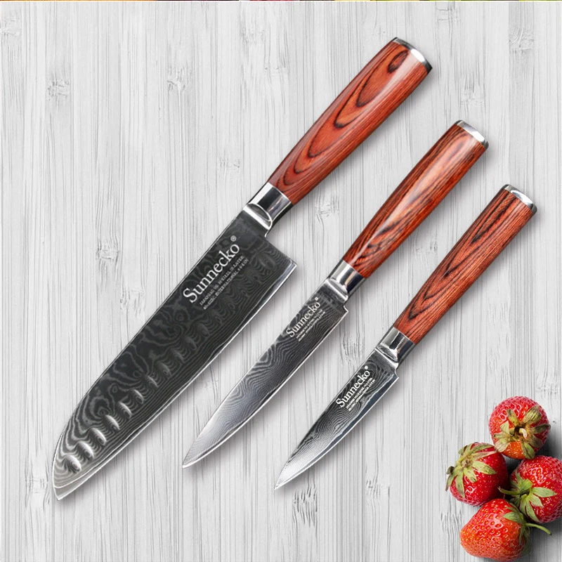 SUNNECKO 3 шт. Дамаск Кухня ножи Набор утилита нож для очистки овощей Santoku Ножи японский VG10 Сталь Pakka деревянной ручкой острое Пособия по кулинарии инструменты