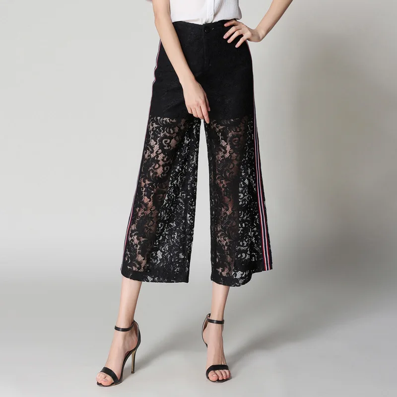Basta. be. never Pizzo Nero A Vita Alta Allentati Pantaloni Gamba Larga  Strisce di Colore Frangia Vitello lunghezza Pantaloni Capris delle donne di  Estate Allentato|summer capri|loose wide leg pantswide leg pants -