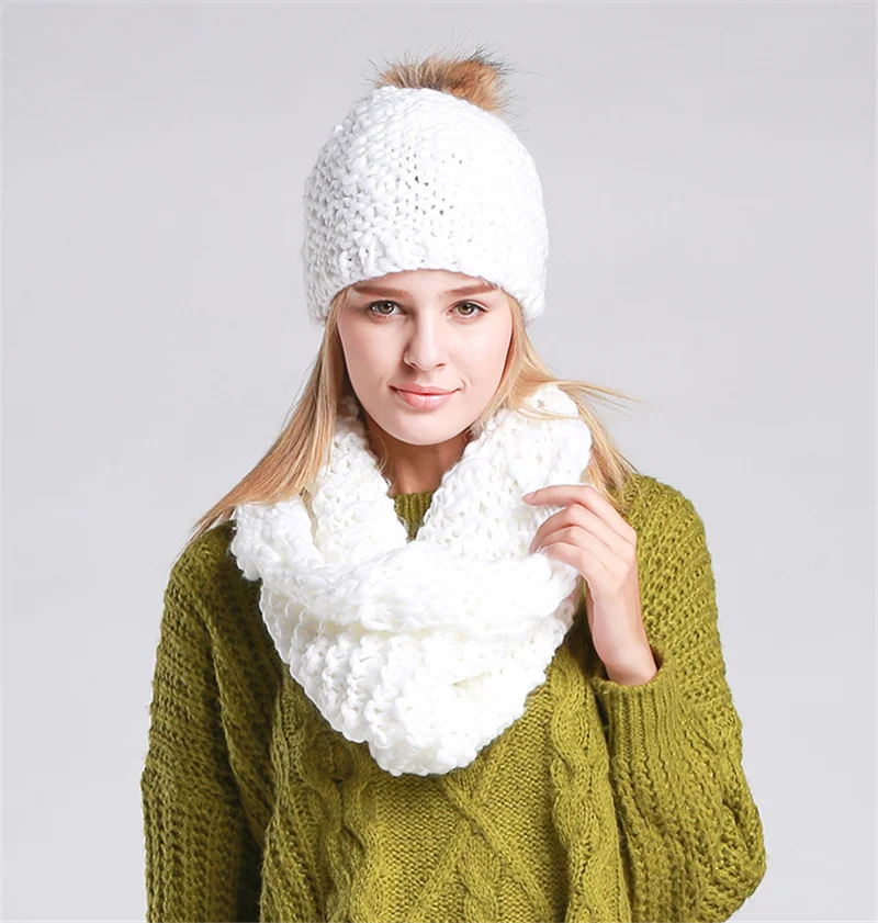 Климат Для женщин зимняя шапка и шарф теплый комплект леди воротник Pom Beanie комплекты модная теплая шапка шарф Набор Для женщин удобные шарф