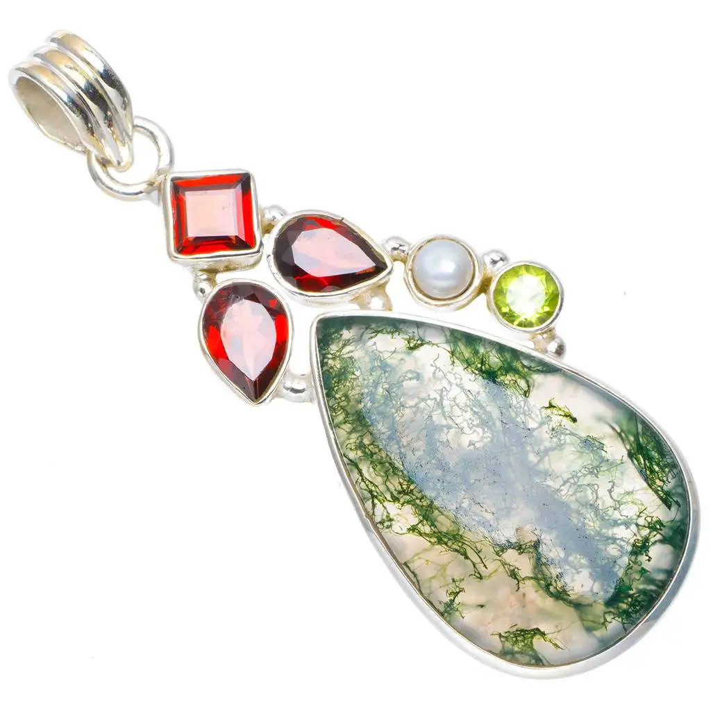 

Natural Moss Agate,Garnet,Peridot and River Pearl Handmade Unique 925 Sterling Silver Pendant 2.25" A0156
