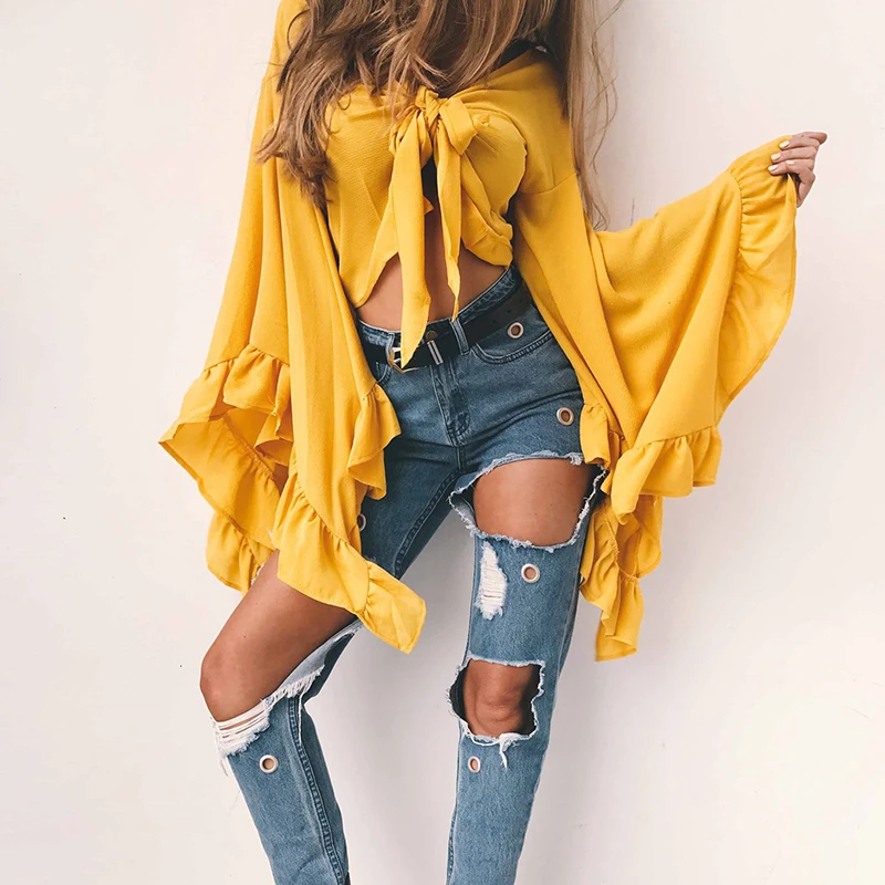 

AINYFU 2019 Sexy V Neck Lace Up Shirt Women Casual Tops Bow Tie Elegant Short Blouse Petal Sleeve Women Chiffon Blouses 97