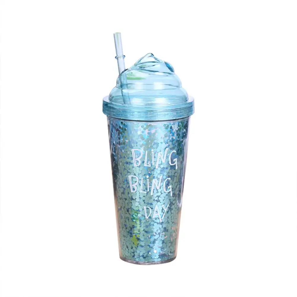 

New 500ml Glitters Pattern Double Layer Plastic Straw Bottle Innovative Gift Ice Cream Straw Healthy Drink Bottle for Outdoor