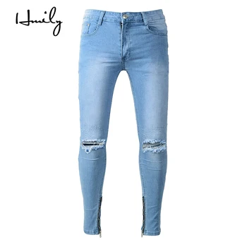 

HMILY Skinny Jeans Men Ripped Slim Stretch Hole Distressed Mens Biker Jeans Medium Wash Streetwear Hip Hop brand Pants Jogger