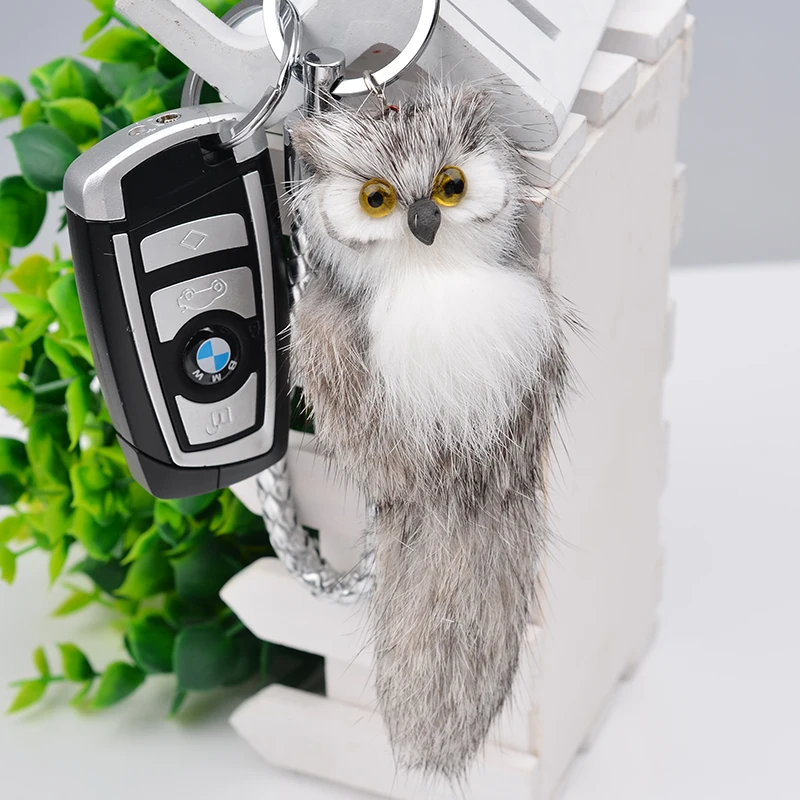 

New Plush Genuine Rabbit Fur Owl Keychain Leather Car Keyring