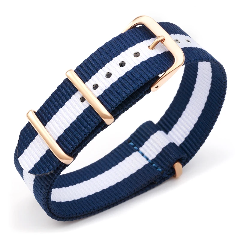 

navy blue white blue nylon fabrics watchband nato sports military watch band strap accessories 20mm 18mm rose gold silver buckle