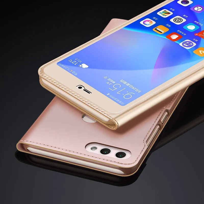 

WeeYRN Open Window PU Leather Flip Case For Huawei Y9 2018 Luxury View Quick Answer Case Cover for Huawei Y9 2018 Fundas Coque