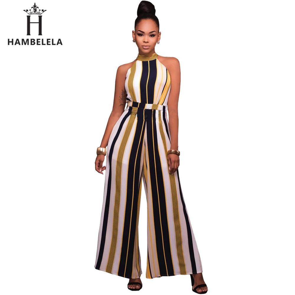 Hambelela Factory S-XXL Women Turtleneck Striped Loose Women Jumpsuit Sleeveless Top Long Wide Leg Pants Ladies Maxi Romper (5)