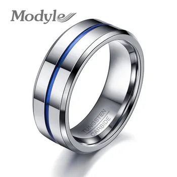 Modyle 2018 Fashion Thin Blue Line Tungsten Ring Wedding Brand 8MM Tungsten Carbide Rings for Men Jewelry