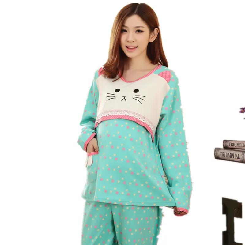 Хлопковый зимний костюм для сна для беременных пижамы Топы для кормления с рисунком+ штаны ночная рубашка для кормления грудью для беременных женщин