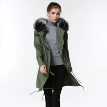 Весенняя армейская зеленая длинная куртка с воротником из меха енота, верхняя одежда, женские пальто с капюшоном и куртки