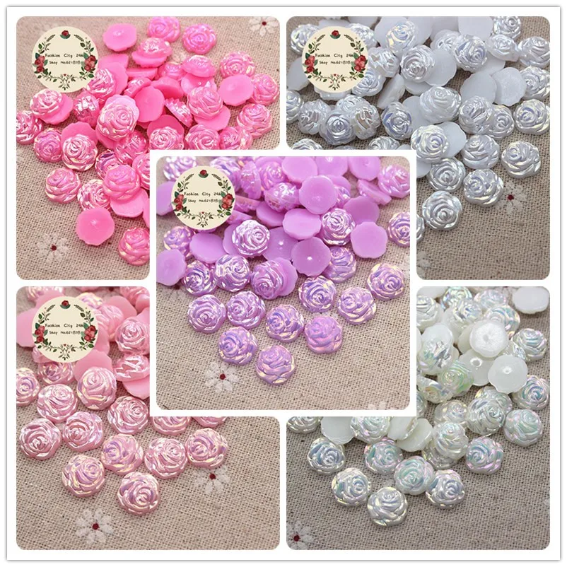 

100PCS 12mm Cute AB Colors Resin ABS Pearl Rose Flowers Flatback Cabochon Scrapbook Craft Wedding Decoration