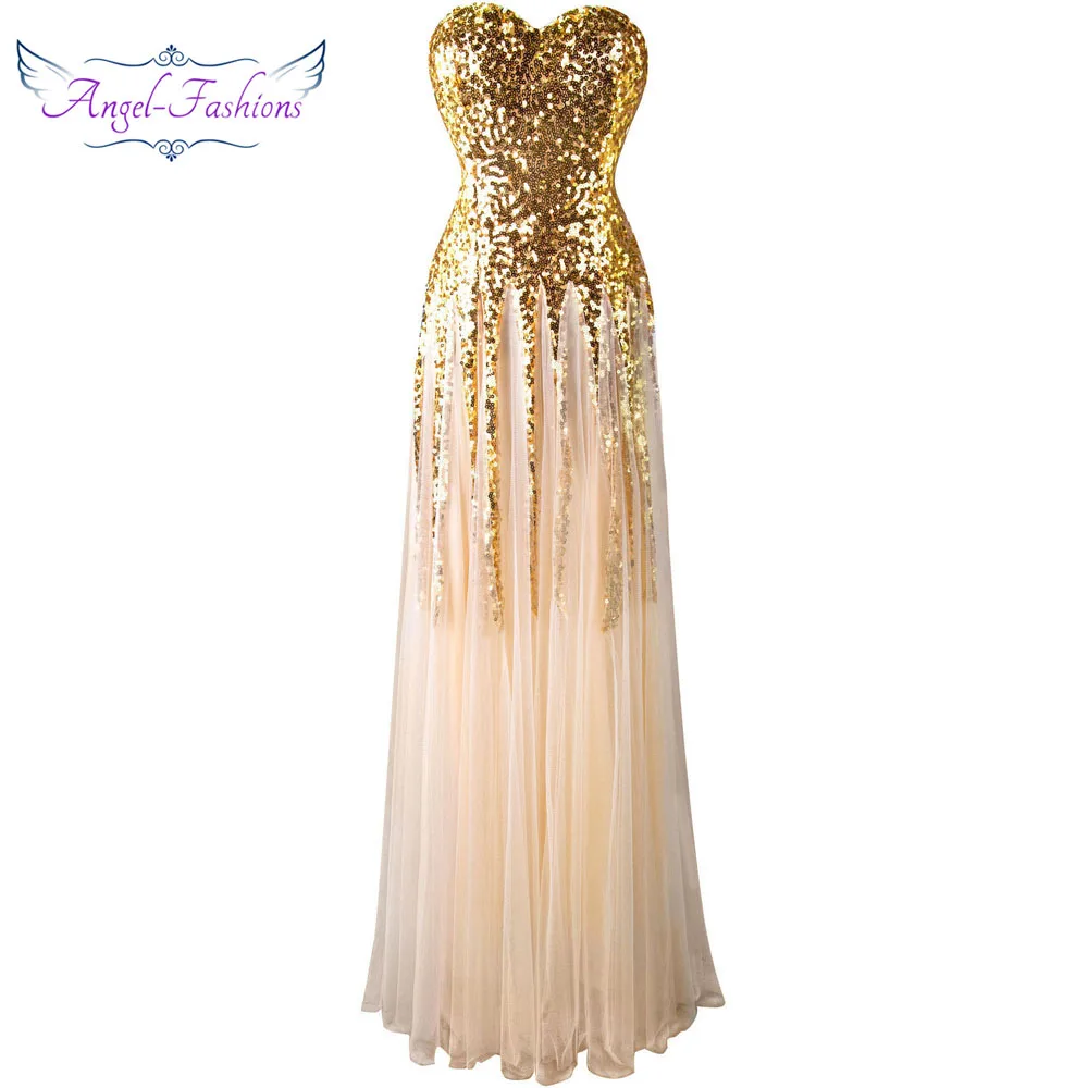 

Angel-fashions Sweetheart Vintage 1920s Golden Sequins Long Evening Dress 106