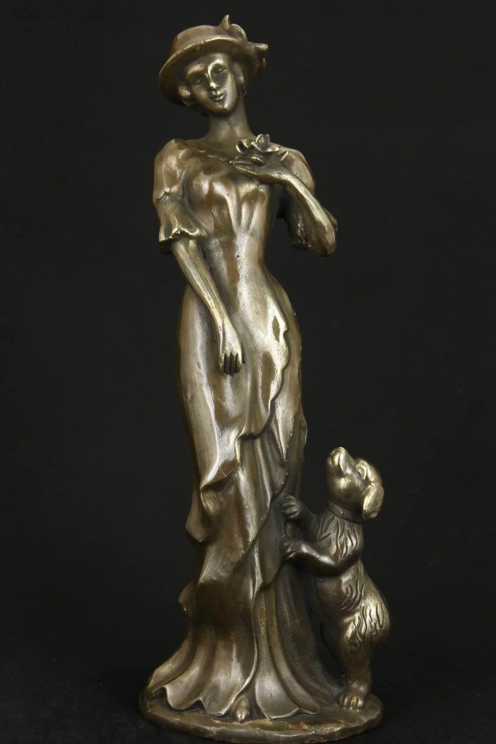 Noble Interesting Copper Collectable West Girl and Dog Ornament Statue