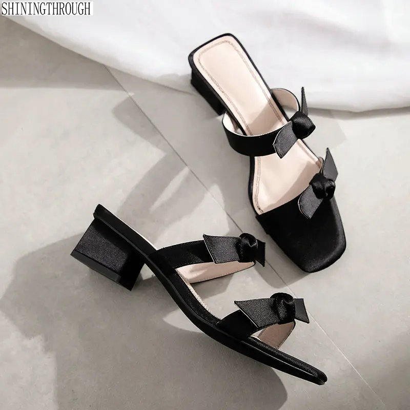 

Silk 4cm high heels Women slippers sweet bowties women sandal Casual Shoes Woman Concise Party wedding Shoes