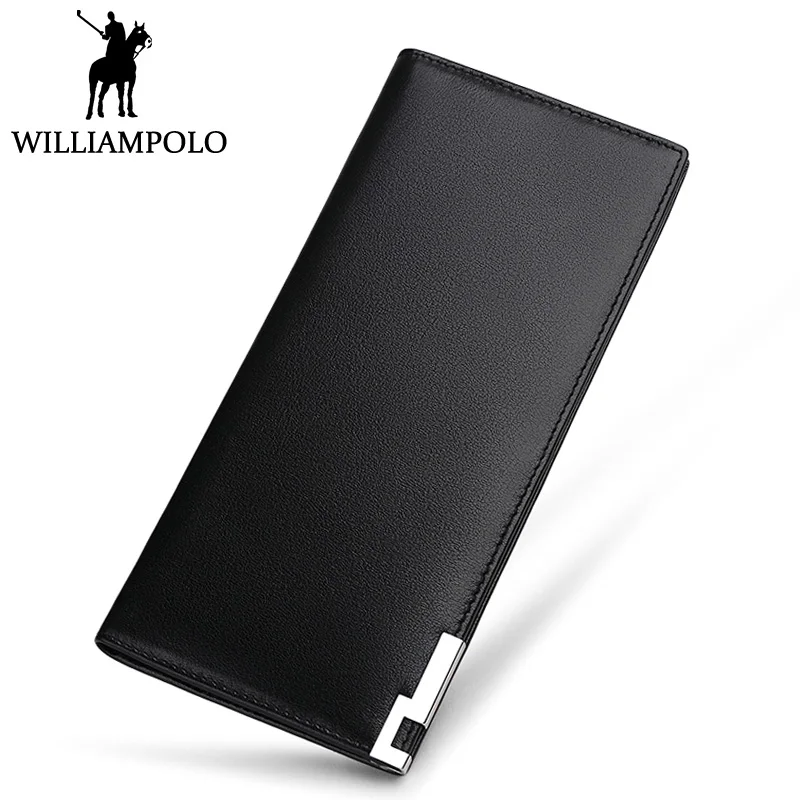 

WILLIAMPOLO Men's Long Wallet Genuine Leather Male Purse Clutches 2018 New Fashion Thin Design Bifold Wallet Real Cowhide Gift
