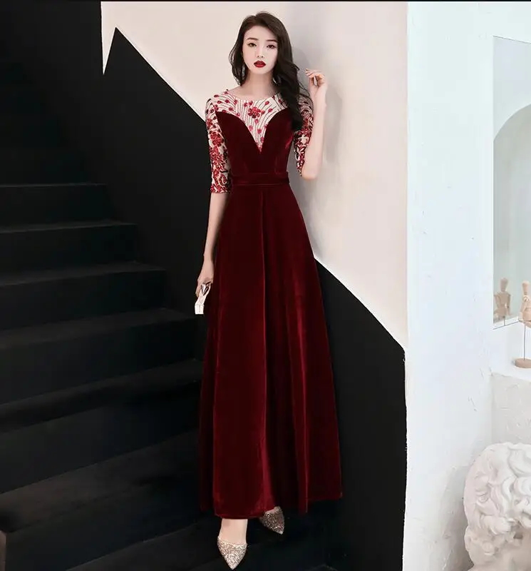 Robe de soiree черный велюр вечерние платья с круглым вырезом дизайн элегантное расшитое блестками длинное в пол бархатные вечерние платья LYFY93 - Цвет: wine red