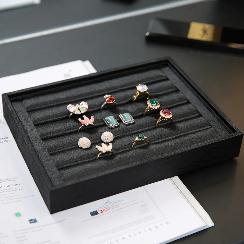 

ANFEI free shipping black 7 slits fabric ring display tray high quality black linen 7 lines earring ring trays GD047