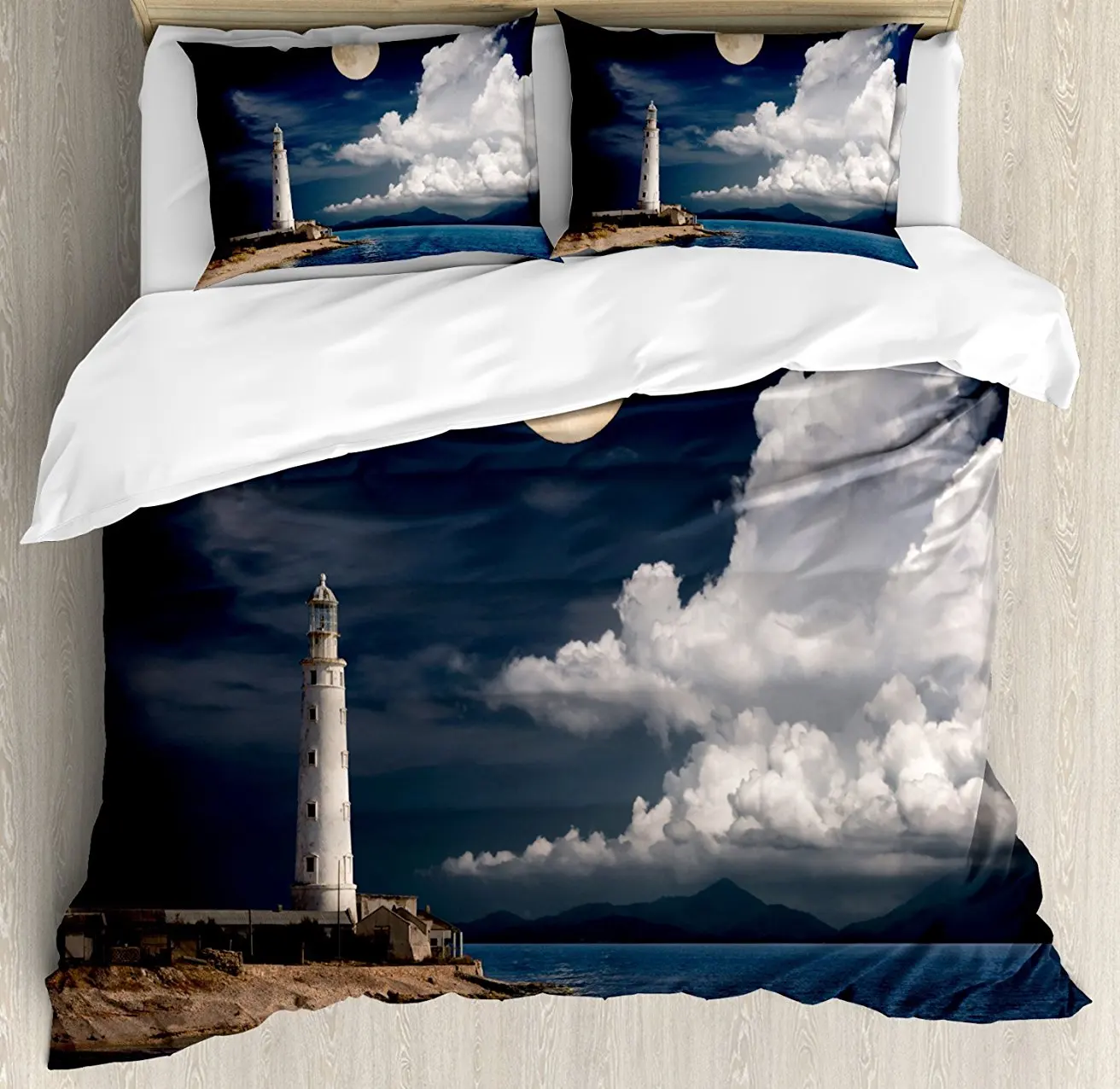 Lighthouse Duvet Cover Set Lighthouse Moonlight Island Large Clouds Sea Seaside Waterfront Night