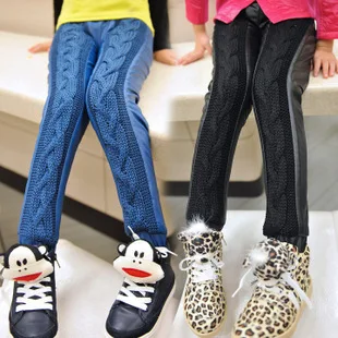 

Free shipping wool leather juxtaposition girls pants plus thick velvet backing girl trousers