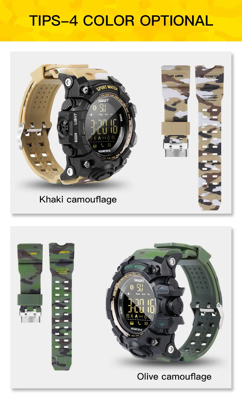 EX16S Camouflage Color Smart Watch Pedometer Smartwatch Stopwatch Smart Watch Men Call / Message Reminder for IOS Android Phone