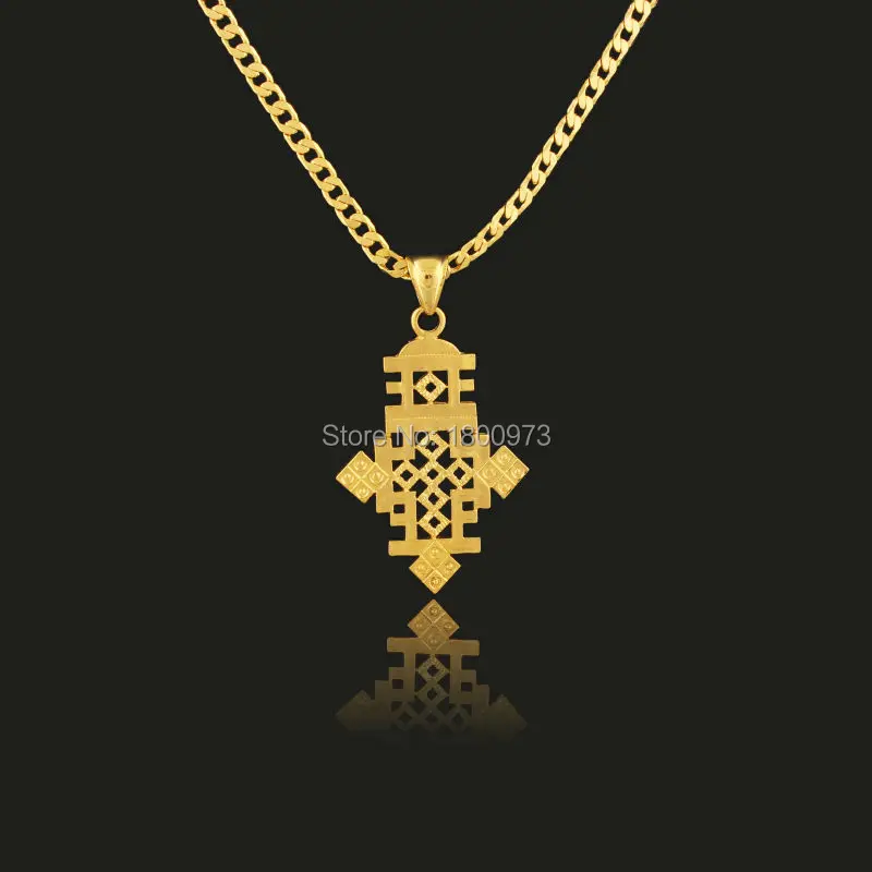 

Newest Two Size Ethiopian Cross Pendant Necklace Gold Color Ethiopia Item Jewelry Africa Women Men Christmas Gift