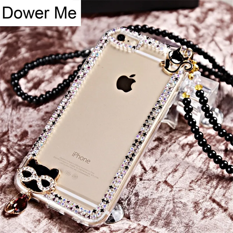 

Dower Me Fashion DIY Bling Diamond Cute Black Cat Case Cover With Crystal Chain For iPhone XS Max XR X 8 7 6 6S Plus 5 5S SE