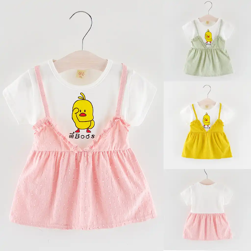 Korean Kawaii 13 Styles Toddler Kid Baby Girl Short Sleeve Cartoon Printed Party Princess Cute Dress Pink Costume For Girl 2019