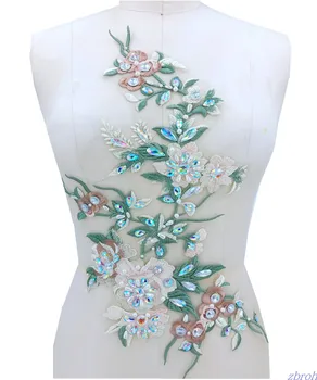 

handmade green Hot drilling Rhinestone beaded lace embroidery patch applique wedding dress bordados DIY Performance clothing
