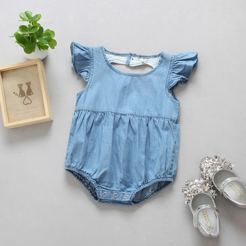 

2017 Hight Quality Children's Wear Kids Washed Denim Baby Romper Heart Shape Back Toddler Baby Clothes Romper Girl