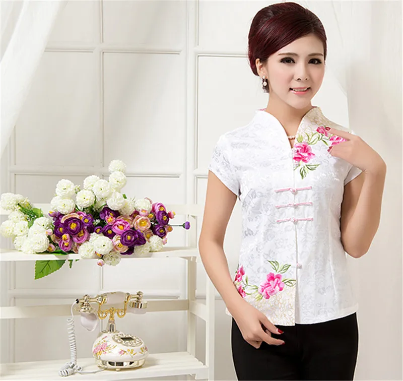 Китайский Ветер вышивка короткий рукав блузки народный стиль женский летний Традиционный китайский Тан костюм топы мать среднего возраста