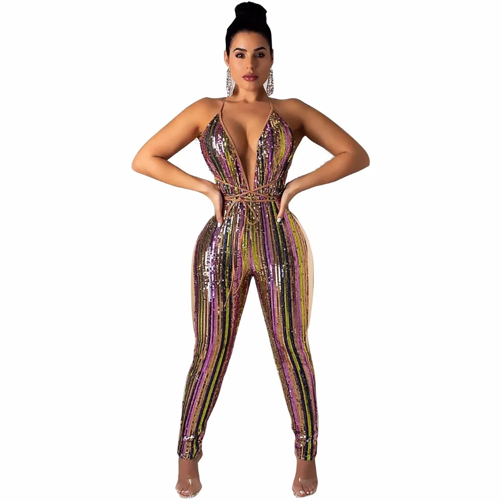 

new 2019 Women's Sparkle Glam Rainbow striped Sequin Short Sleeve Jumpsuit 1pcs