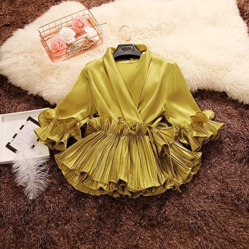 

Fashion ruffles goilden women blouse shirts lace stitching chiffon patchwork office lady elegant shirts outerwear tops wq1849