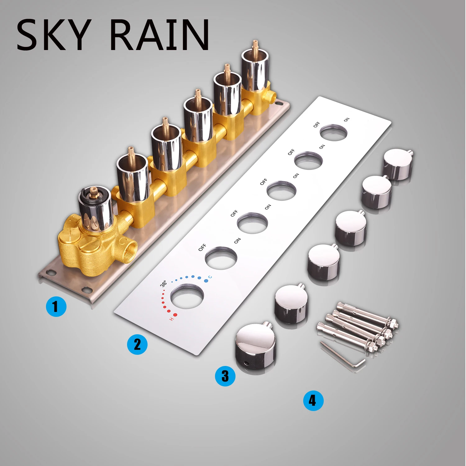 SKY RAIN Modern 5 Ways Water Outlet High Flow Valve Brass Chrome Plated Shower Mixer 6 Handle SKY RAIN Modern 5 Ways Water Outlet High Flow Valve Brass Chrome Plated Shower Mixer 6 Handle