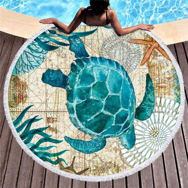 

Sea Turtle Printed Microfiber Beach Towel for Adult Kids Yoga Mat Tassels Blanket Large Round Towel Swimwear Tapestry Home Decor