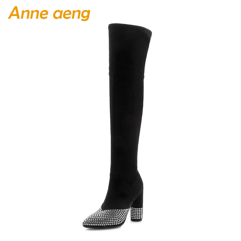 

New Winter Women Over-The-Knee Boots High Heels Crystal Pointed Toe Sexy Ladies Women Shoes Black Snow Thigh High Boots Big Size