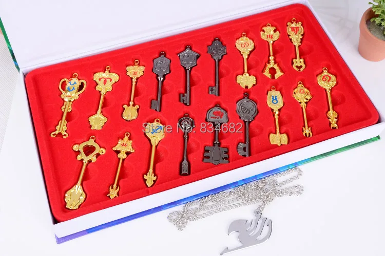 

J.G Chen 18pcs/set Cos Set Fairy Tail Lucy Key Keychain Scale Pink Tattoo Heartfilia sign of the zodiac gold Key Action Figure