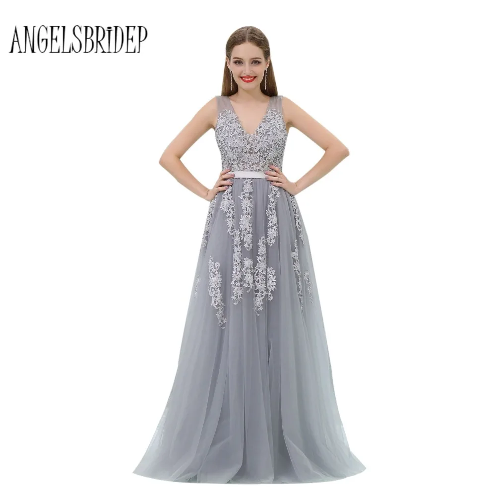 ANGELSBRIDEP Gray Prom Dress 2018 V Neck Lace Applique Floor Length