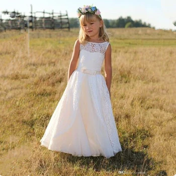 

White Lace Flower Girls Dresses with Sashes A Line Prom Gown for Wedding Party Holy Communion Custom Made