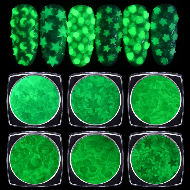 1 г/кор. светящийся люминесцентный Блестки для нейл Арта(искусство украшения ногтей) ультратонкие блестящие хлопья для ногтей светится в темноте 3d Фэнтези блестка DIY украшения