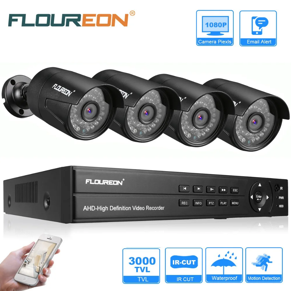 Floureon системы видеонаблюдения 8CH 5in1 1080N AHD DVR 4 шт. открытый 3000TVL 1080 P 2.0MP комплект камер видеонаблюдения ЕС