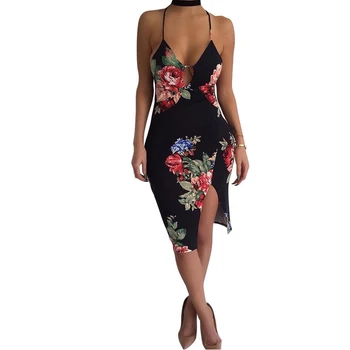 

2020 Summer Sexy Women Floral print Bodycon Bandage deep v-neck Split Backless sleeveless bodycon Sundress Club party mini Dress
