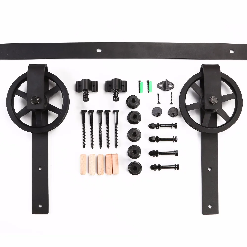 LWZH 10ft/11ft/12ft/12.6ft/ Long Vintage Strap Industrial Big Wheel Sliding Barn Wood Door Hardware Track Kit for Double Door