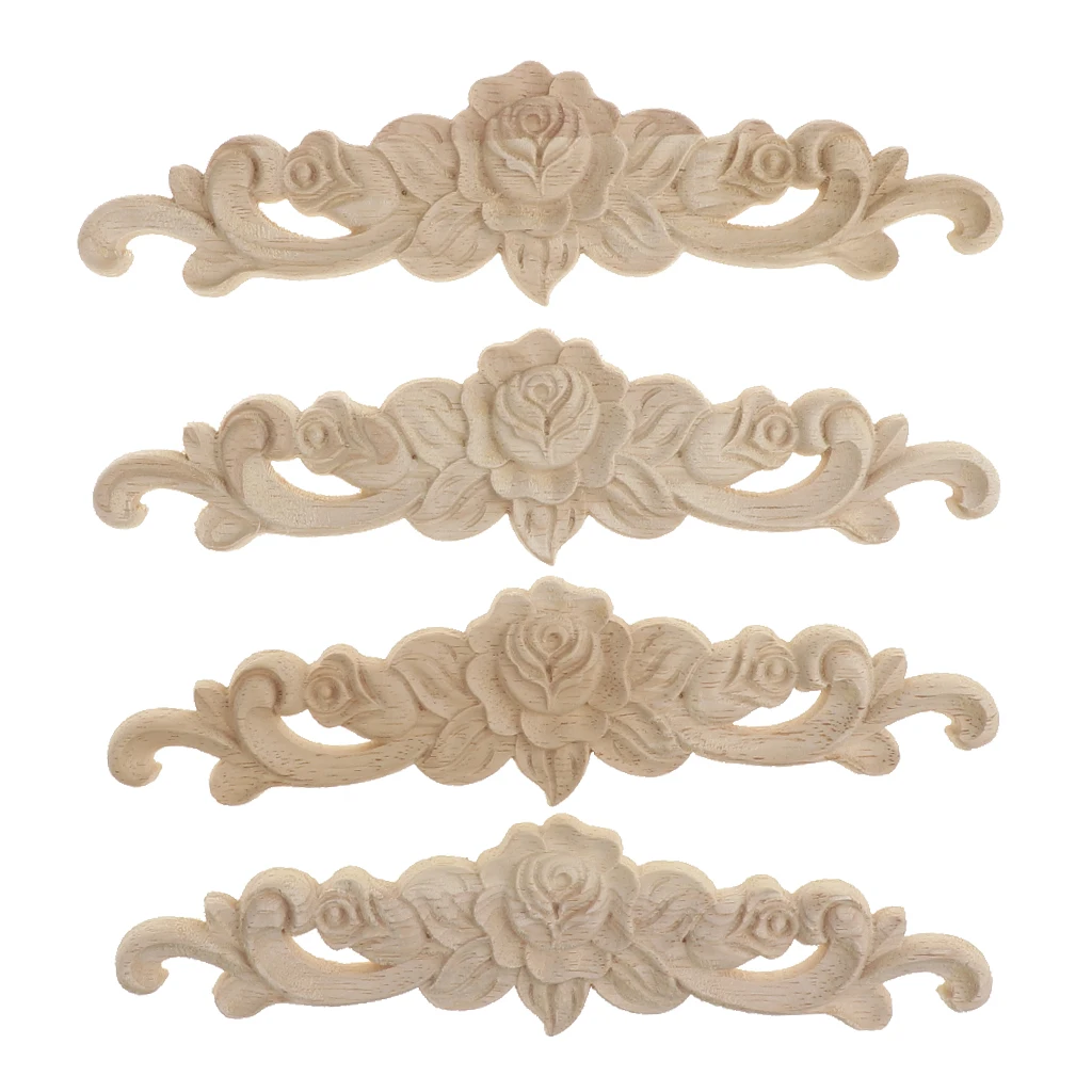 4pcs Retro Unpainted Floral Wood Carved Decal Corner Applique Frame For Home Furniture Wall Cabinet Door Decor