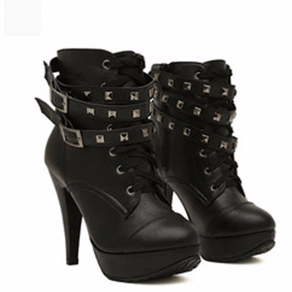 

shoes Women boots High heels Platform Buckle Rivets Ankle Boots Sapatos femininos Lace up Leather boots PU Fashion botas mujer