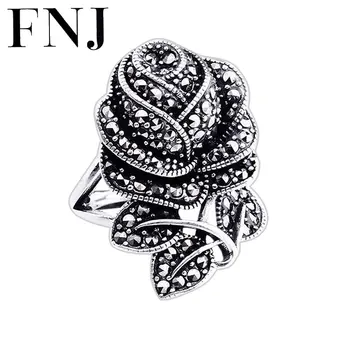 

FNJ Big Rose Flower Ring 925 Silver Statement Original S925 Sterling Silver Rings for Women Jewelry Adjustable Size MARCASITE