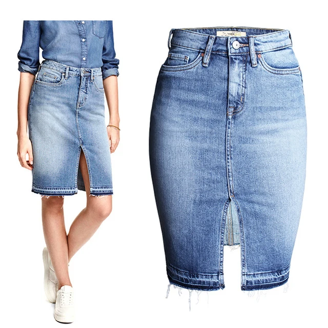 Fashion Denim Skirts Womens 2016 Front Slit Summer Jeans Skirt Midi