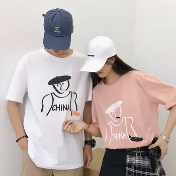 

2019 Summer New Original Pure Cotton Lovers Short-sleeved National Tide Letters Characters Print Student Casual T-shirt M-3XL