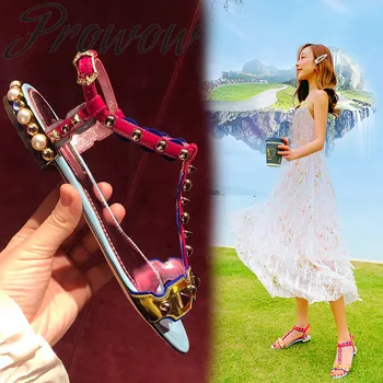 

Prowow New Summer Metal Studded Punk Sandals Open Toe Pearl Beading Buckle Strap Flats Sandals Shoes Women