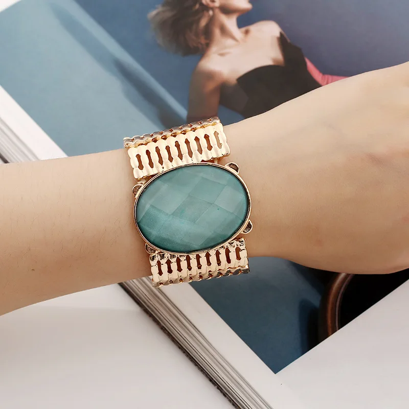 

LiuXSP Maxi Round Stone Wide Bangle Punk Stripe Hollow Bracelet 2020 New Fashion Women Elastic Rope Metal Plated Jewelry