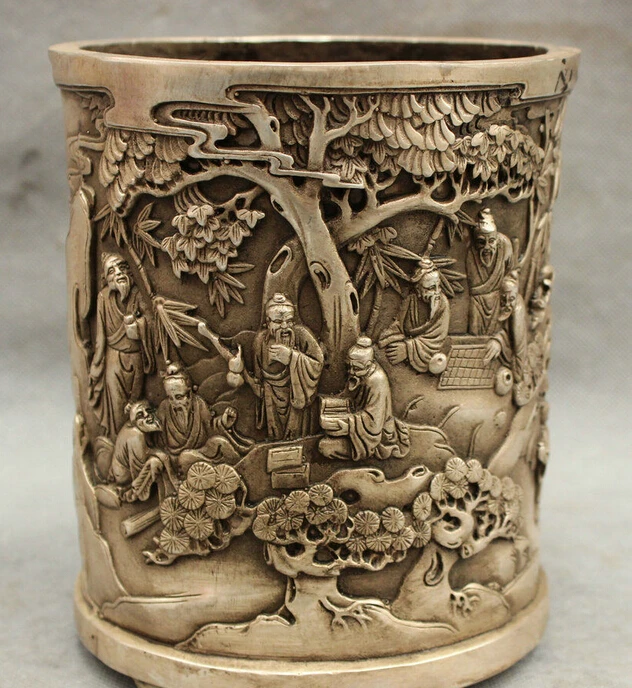 Chinese Folk Cultue Silver Old People Landscape Pencil Vase Pen Case Brush Pot | Дом и сад